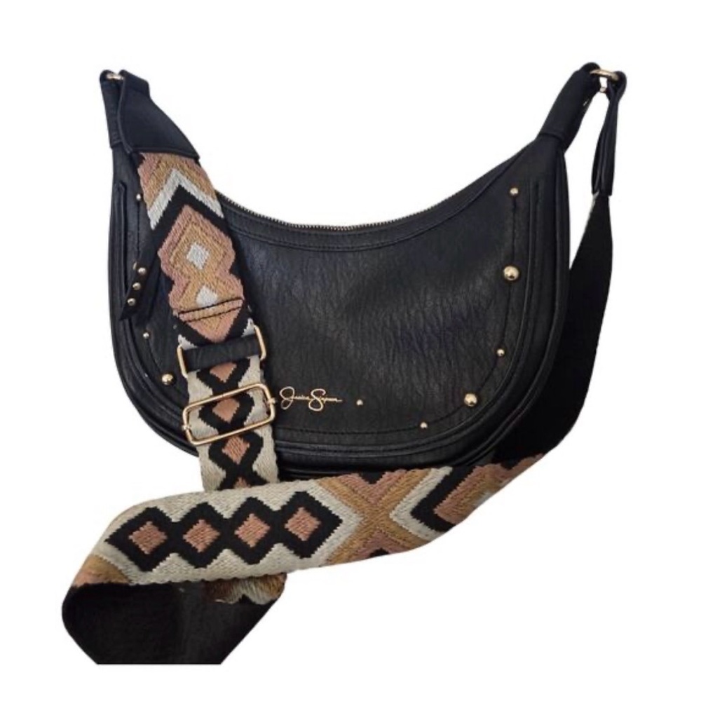 Jessica Simpson Black Crescent Crossbody with Patterned Strap